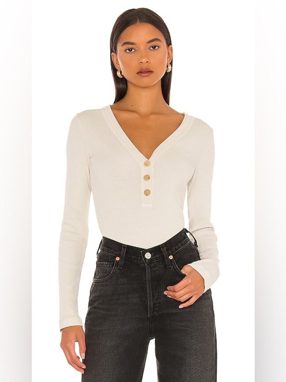 Citizens of Humanity COH Scarlett Ribbed Henley in Birch, Size XS Cream Eggshell